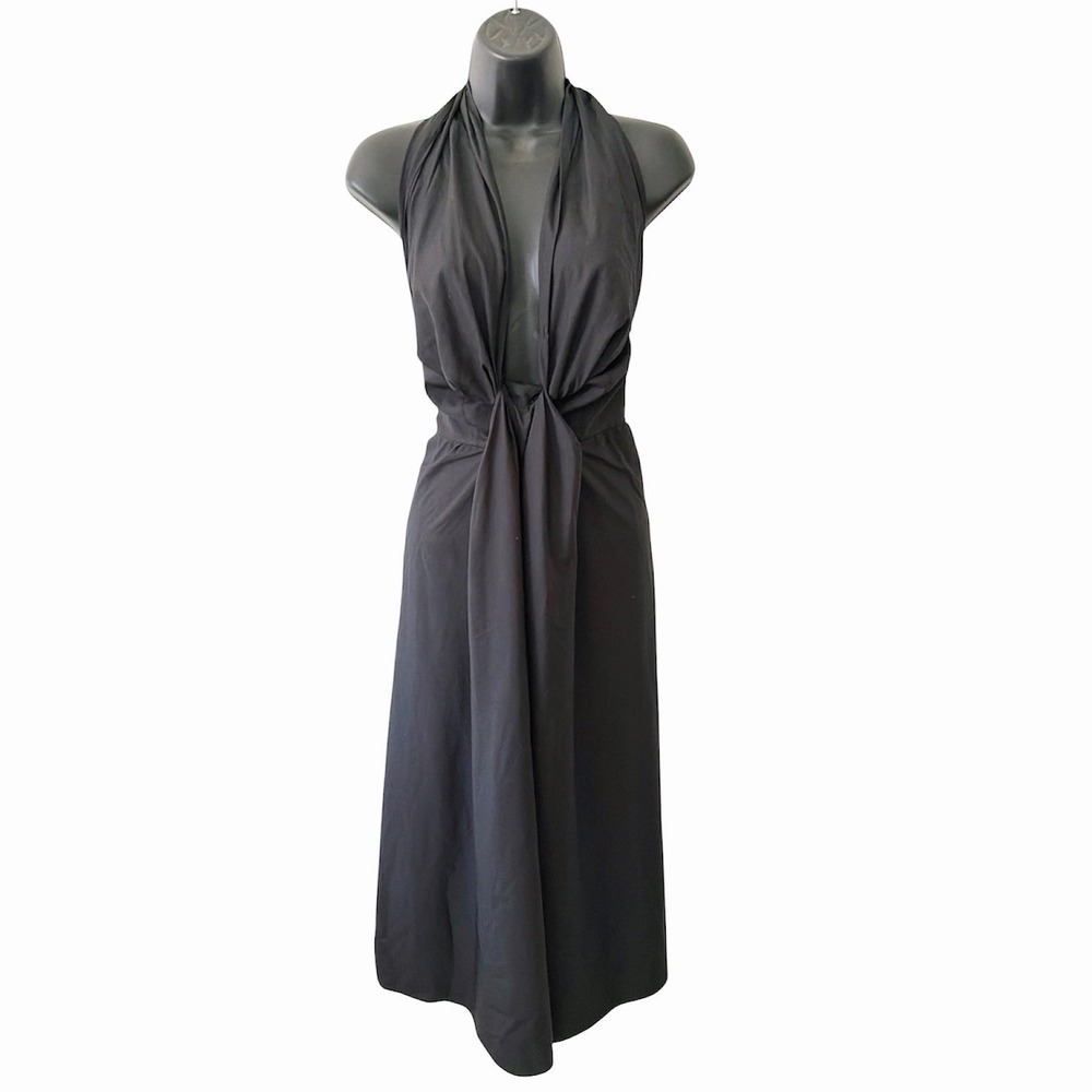 Vanessa Bruno Black Halter Dress Size 40 Plunge Neck Cotton Midi Quiet Luxury